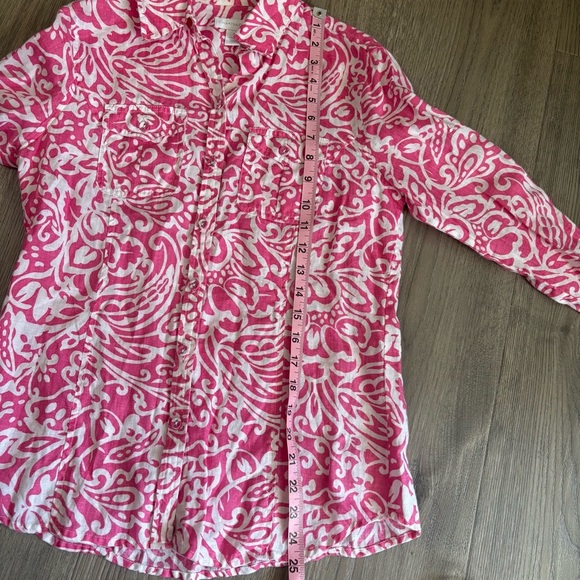 Charter Club 100% Linen Pink White Paisley Button Down Blouse Sz 4 Easter Floral - Picture 8 of 13